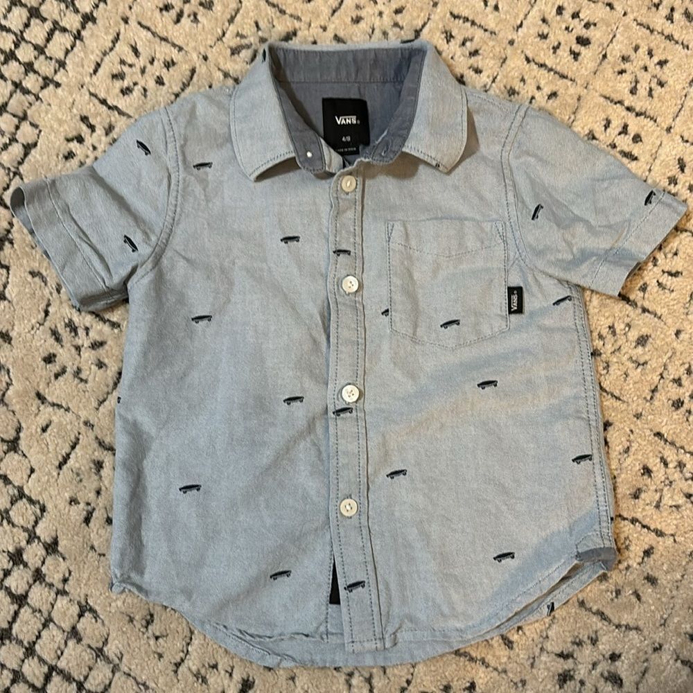 Vans Light Blue Short-Sleeve Button-Up Shirt with Tiny Black Skate Prints
